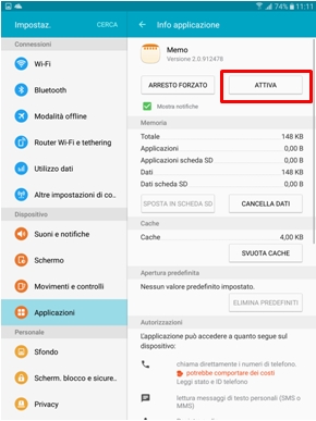 seleziona l'applicazione e premi su Attiva