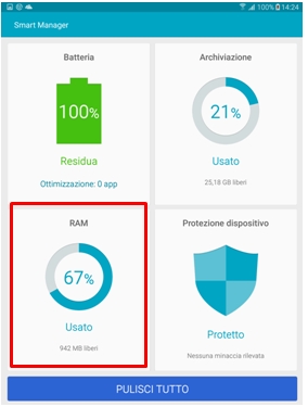 Per controllare la memoria RAM disponibile e per velocizzare il Sistema Operativo, seleziona l'opzione RAM