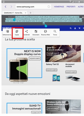 Seleziona/Copia/Condividi/Traduci. Seleziona Copia
