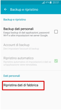 Seleziona Ripristina dati di fabbrica