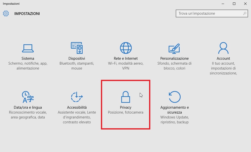Impostazioni, Privacy