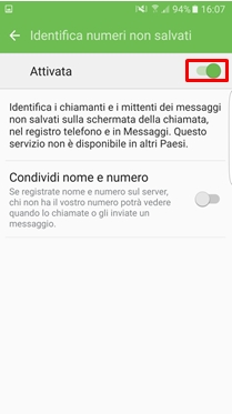 Attiva la voce Identifica numeri non salvati