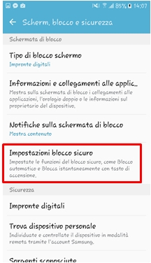Impostazioni blocco sicuro