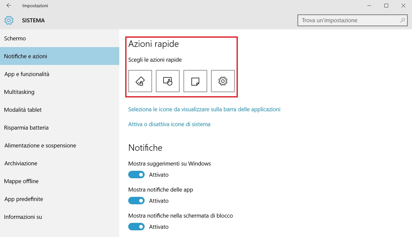 Fare clic su Notifiche e azioni, e quindi fare clic su Azioni rapide per cambiare l'icona che si desidera modificare