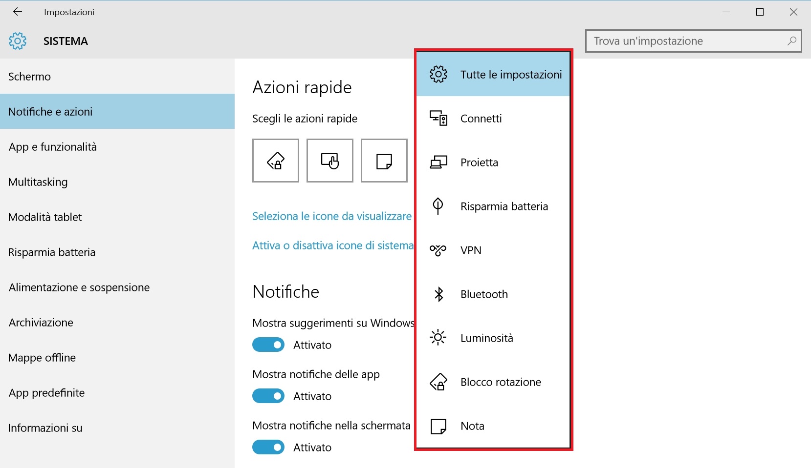 Selezionare l'icona che si desidera visualizzare sul Centro notifiche