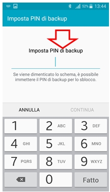 Imposta PIN di backup