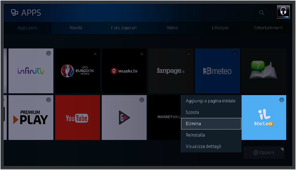 Selezionare l'applicazione che si desidera eliminare poi premere a lungo il pulsante centrale Ok sul telecomando