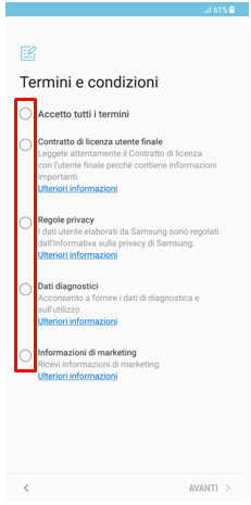 Accetta termini e condizioni attivando la voce accetto tutti