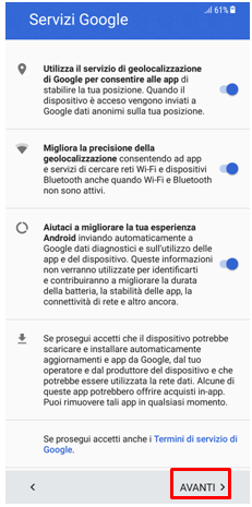 Premi su avanti