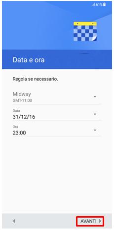 Imposta data e ora e premi su avanti