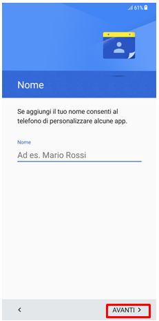 Inserisci il tuo nome e premi su avanti