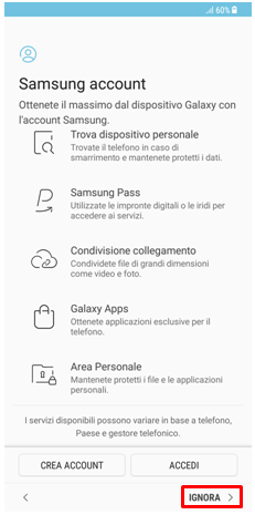 Scorri verso il basso nella pagina del Samsung account fino a premere la voce ignora