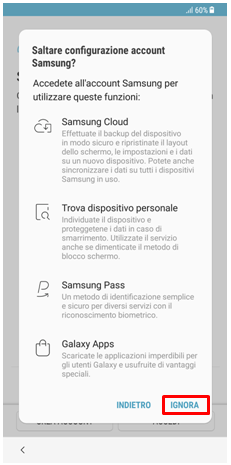Conferma che la configurazione del Samsung account