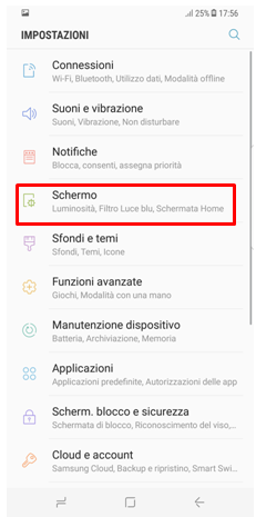 Nella schermata impostazioni premi sulla voce schermo