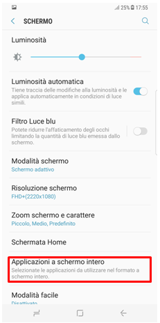 Nell' elenco delle impostazioni dello schermo premi sulla voce applicazioni a schermo intero