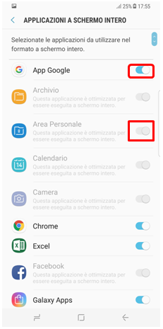 Nell'elenco delle varie applicazioni attiva le applicazioni che desideri visualizzare a schermo intero