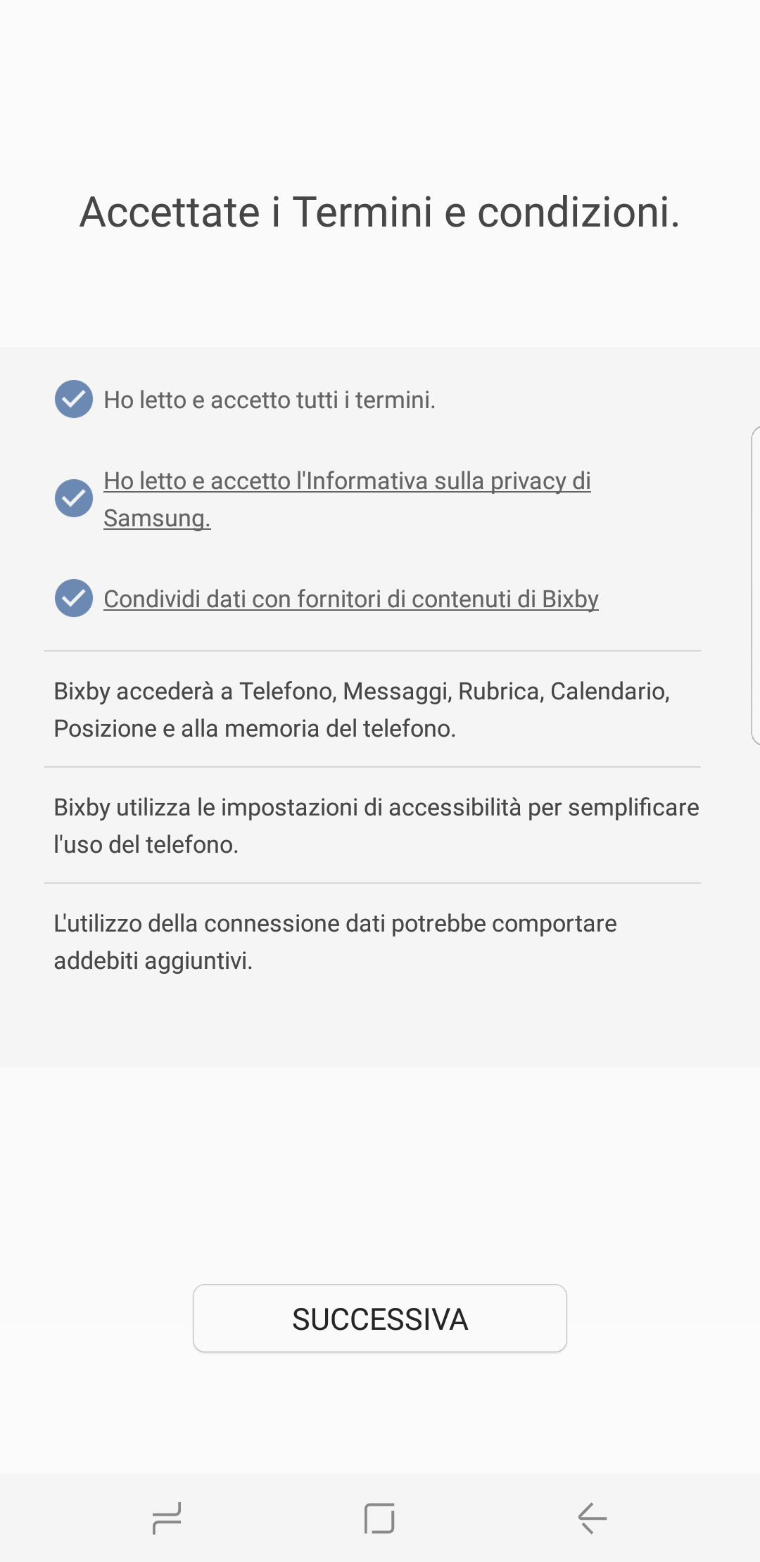 accetti tutti I termini e condizioni Bixby