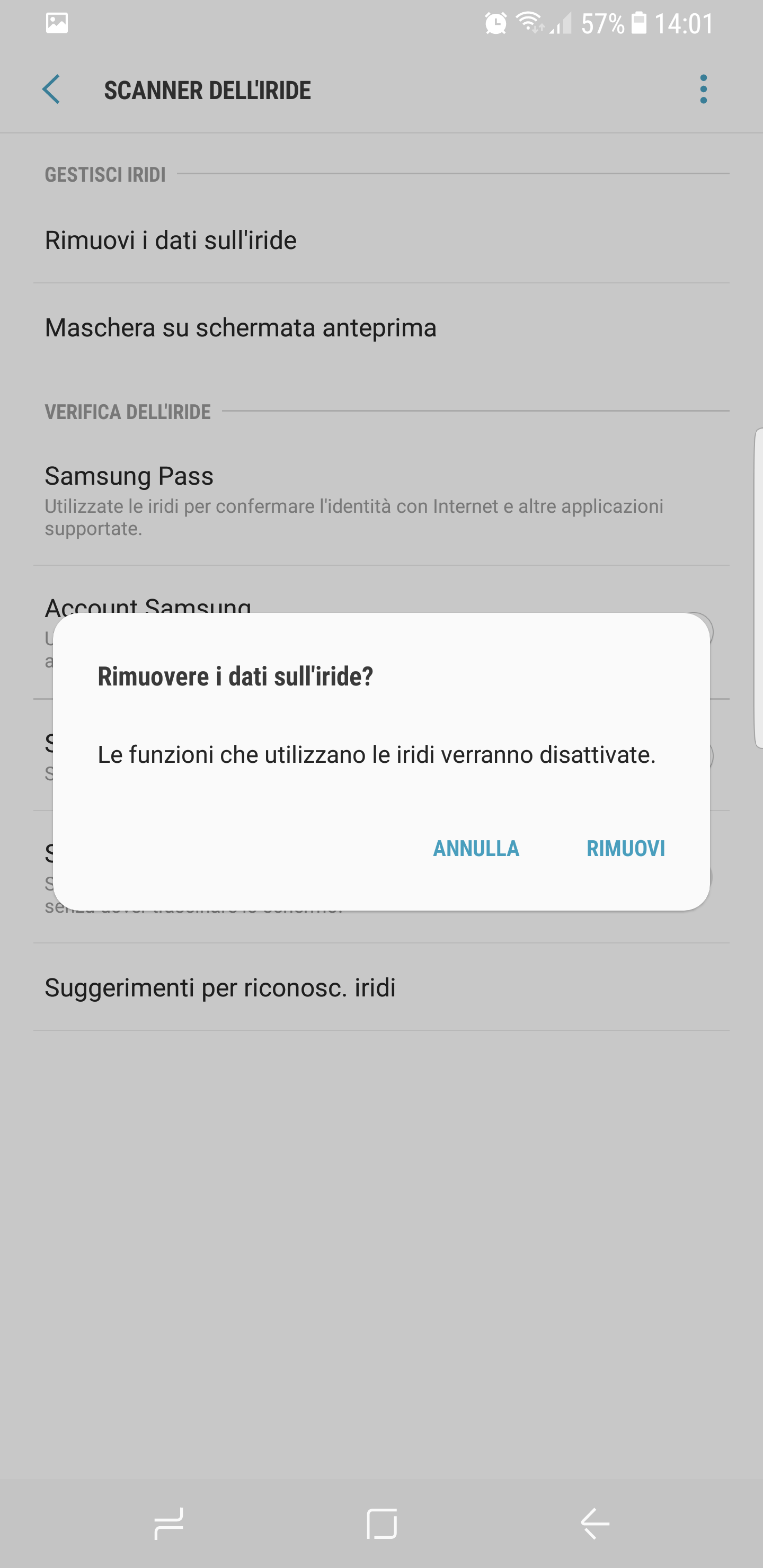 Si aprirà una finestra secondaria che ti informa della disattivazione delle funzioni che utilizzano le iridi