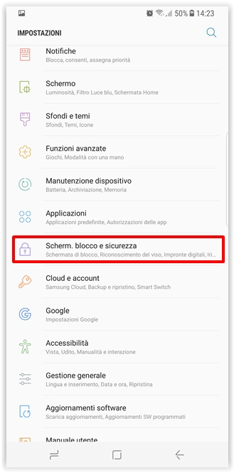 Andiamo sull'applicazione Impostazioni, e troveremo tutte le impostazioni del nostro device: seleziona la voce: Schermata di blocco e siderezza