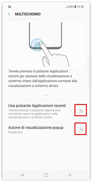 Usa pulsante Applicazioni recenti e Azione di visualizzazione popup