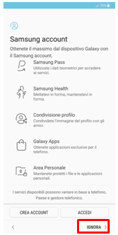 premere la voce ignora se non vuoi configurare adesso un Samsung account