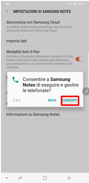 consentire Samsung Notes di eseguire e gestire la telefonata
