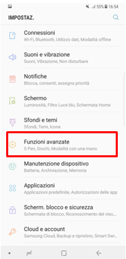 e troverai tutte le impostazioni del tuo device: seleziona la voce “Funzioni avanzate”