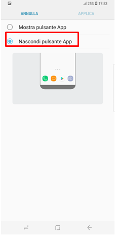 Come predefinito la voce: “Nascondi Pulsante App”