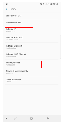 Schermata codice IMEI e Numero di serie