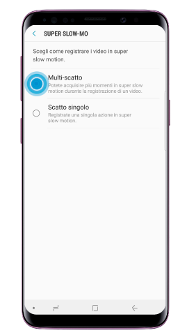 Seleziona “Multi-scatto” o “Scatto singolo” e fai doppio click sul tasto Indietro per ritornare alla schermata iniziale della fotocamera