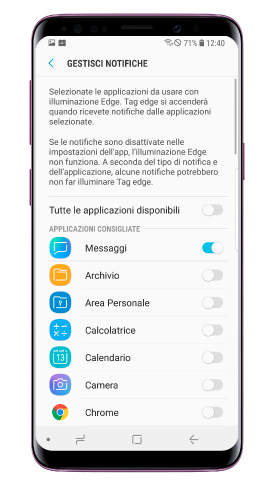 Scorri la lista di app disponibili e attiva o disattiva quelle che desideri includere o escludere dalla finestra popup