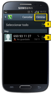 ¿Cómo eliminar una llamada del registro en un Galaxy S4(I9500)?