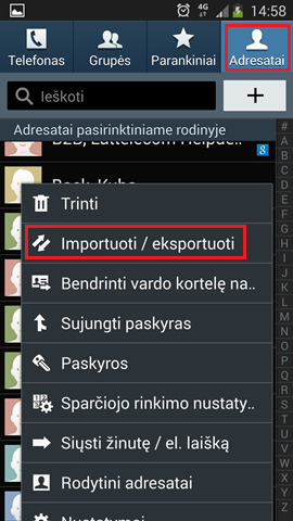 Pasirinkite Importuoti / Eksportuoti