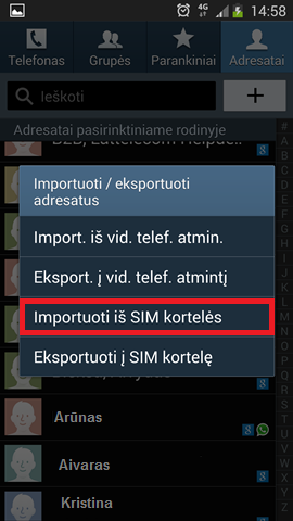 Paspauskite Eksportuoti į SIM kortelę