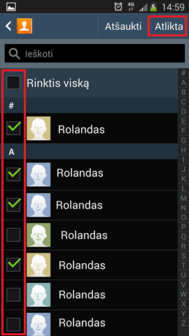 Pasirinkite norimus eksportuoti kontaktus, kaip nurodyta. Tuomet paspauskite Atlikta / Eksportuoti