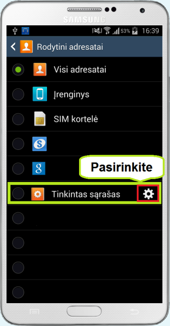 Grafoje Tinkintas sąrašas, matysite vežliarakčio simbolį