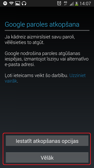Izvēlieties, vai vēlaties „Iestatīt Google paroles atkopšanas opcijas“ šobrīd vai „Vēlāk“