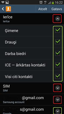 Šeit ir iespējams izvērst katra avota un konta (piemēram, Ierīce, SIM, Gmail konts utt.) opcijas un izvēlieties detalizēti, kādi kontakti tiks rādīti