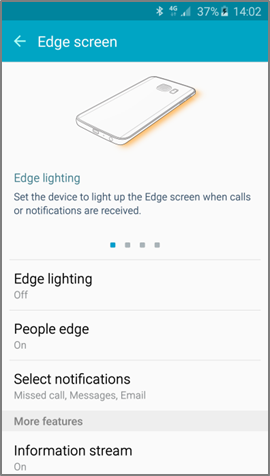 Bakstelėkite „Edge“ apšvietimas (Edge lighting) ir mygtuką, kad suaktyvintumėte šią funkciją