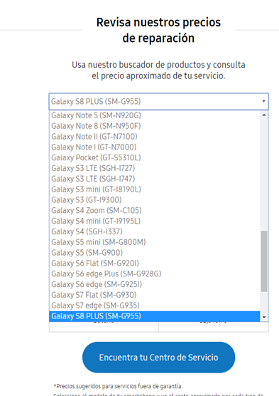 Lista de precios de reparación sugeridos Galaxy S
