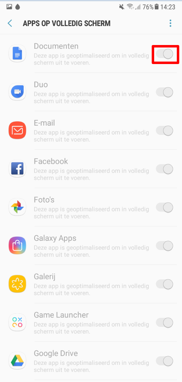 Mijn apps worden niet fullscreen weergegeven op de Galaxy Note8, hoe komt dat
