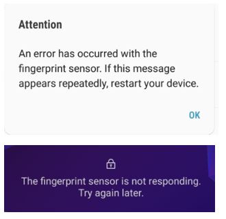 Det er mulig at du kan se en feilmelding eller en Pop-up nederst på låseskjermbildet når du bruker fingeravtrykkssensoren