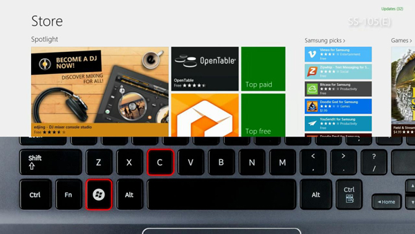 Press Windows 8 logo key + C key to open Charm Bar