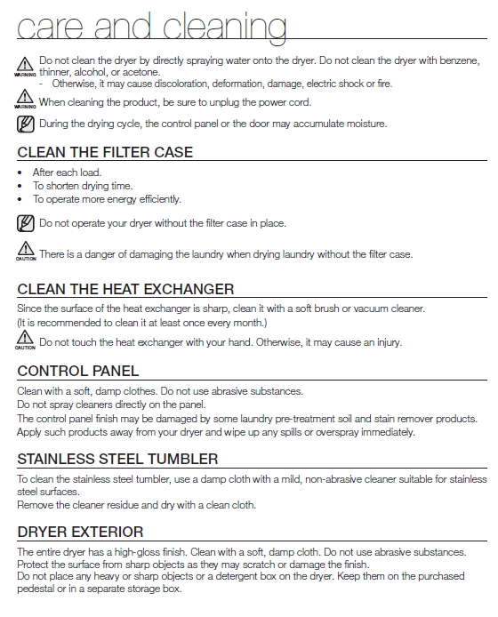 Care And Cleaning of your Samsung Dryer
