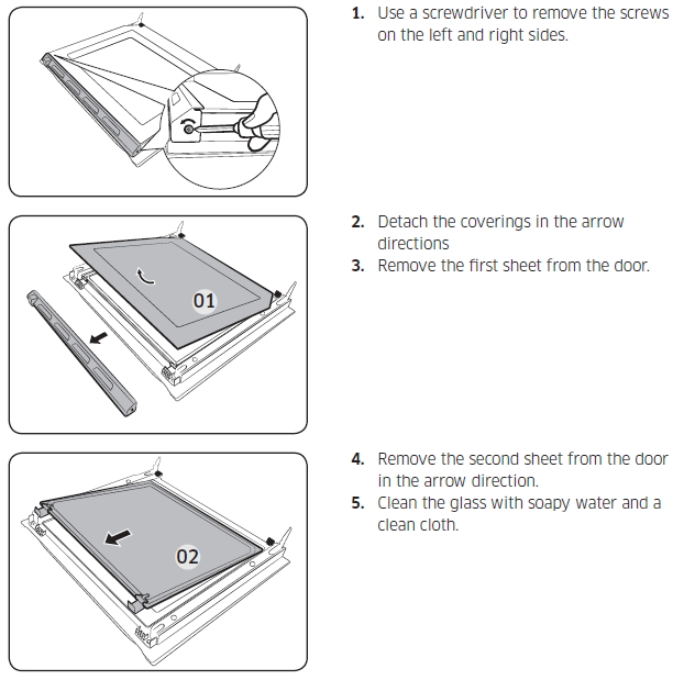How to remove oven door and inner glass for cleaning for models NV73J and NV75J?