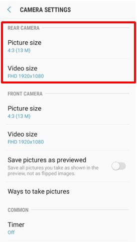 Which settings options are supported on rear camera of Galaxy J7 Pro?