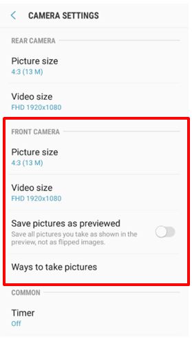 Which settings options are supported on Front camera of Galaxy J7 Pro?
