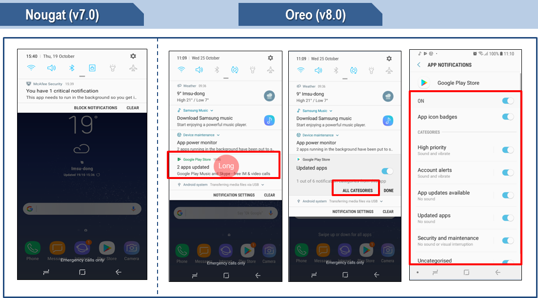 Difference between Samsung Android 8.0 Oreo device and 7.0 Nougat device