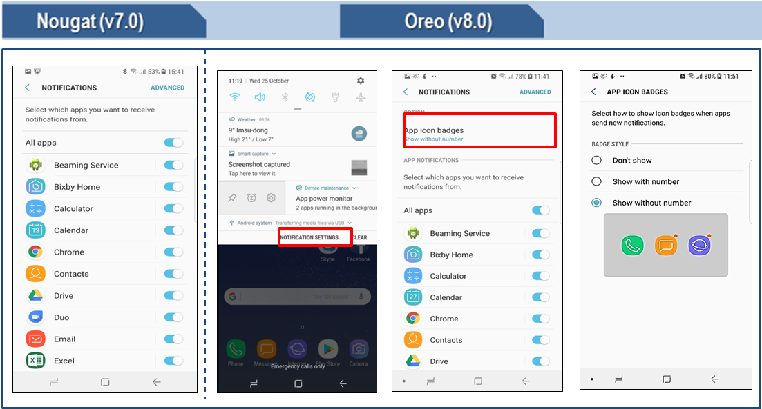 Difference between Samsung Android 8.0 Oreo device and 7.0 Nougat device
