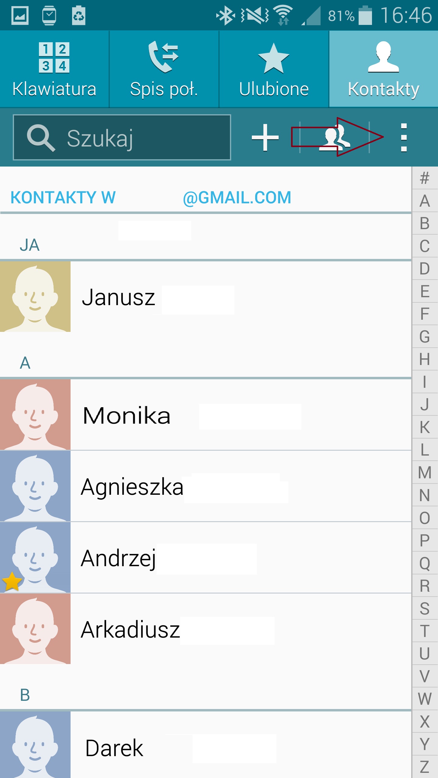 Po otwarciu Kontaktów odszukujemy w prawym górnym rogu ikonę Opcji